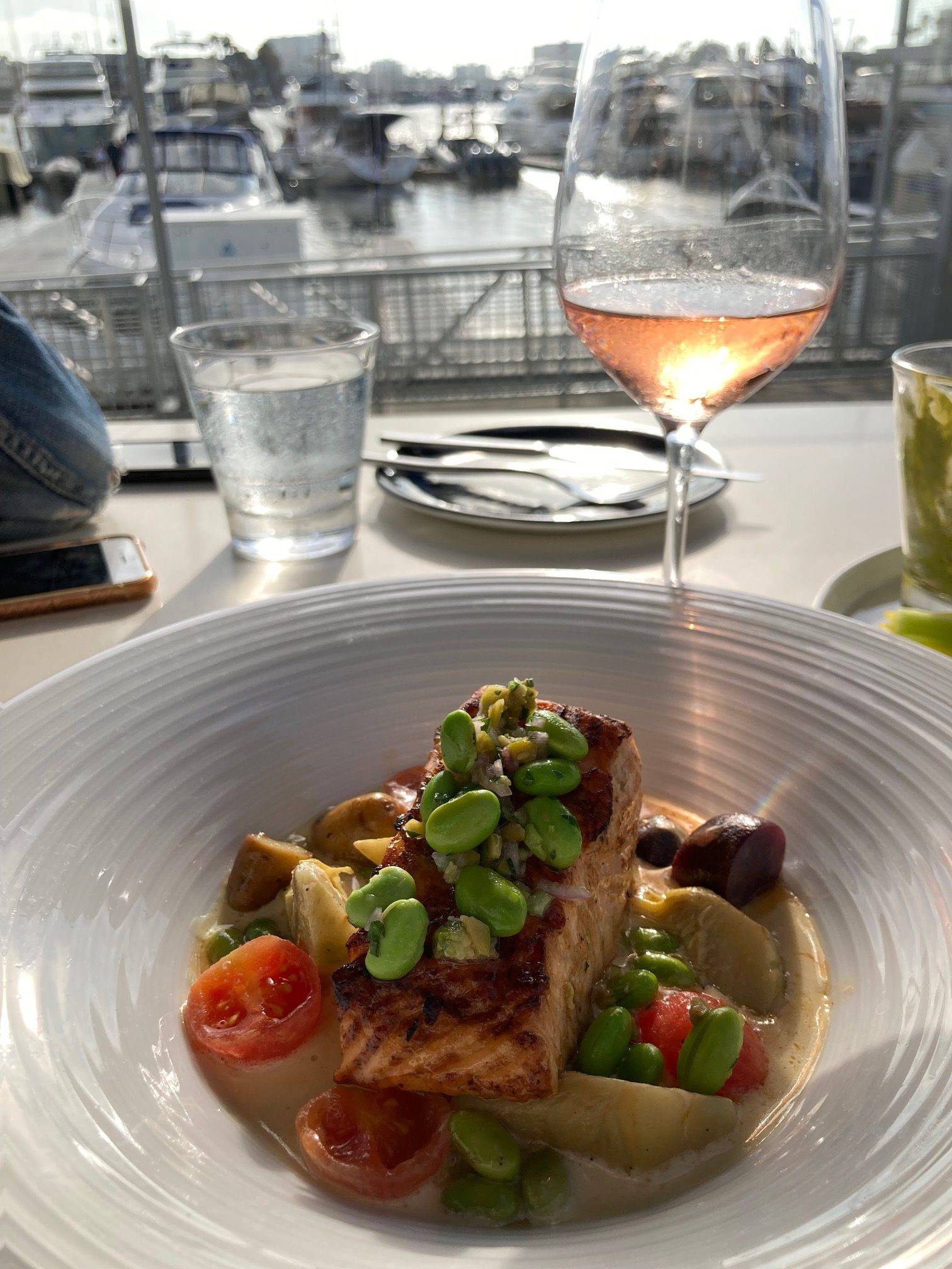 bowl of salmon and vegetables with glass of wine on table facing harbor